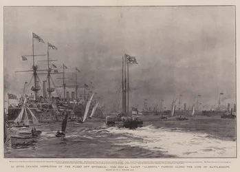 Inspection de la flotte par Li Hung Chang au large de Spithead, le yacht royal Alberta passant le long de la ligne de navires de guerre