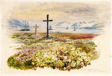 Search Bay (Research Bay, Tasmanie, Australie), deux croix plantées dans des parterres de fleurs avec des navires au loin