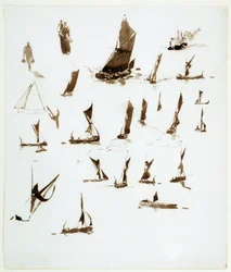 Études de péniches sur la Tamise (Angleterre). Gouache tirée d