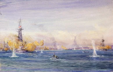 La Bataille des Dardanelles (1915) (Turquie), pendant la campagne de Gallipoli, dans la mer de Marmara. Aquarelle, vers 1915 par William Lionel Wyllie (1851-1931)