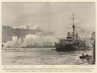 Le bombardement de Malaxa le 23 mars, la flotte internationale bombardant les insurgés dans le blockhaus