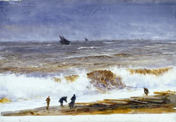 La plage de Berck-sur-Mer (France), avec des mers turbulentes et des personnages sur la plage. Aquarelle, après 1890, par William Lionel Wyllie (1851-1931).