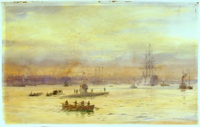 Cette vue regarde vers le port du côté de Gosport où un sous-marin entre, avec un autre devant lui