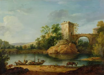 Paysage fluvial italien boisé avec paysans dans une barge et un pont au-delà, vers 1770