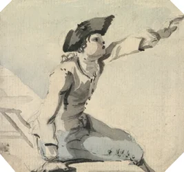 Homme assis sur un parapet agitant son bras gauche