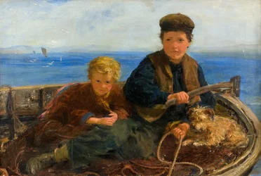 Deux garçons et un chien dans un bateau, c.1871