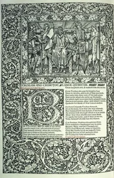 Scène de « Troilus et Criseyde », initiale historiée « B », manuscrit avec bordure pleine page, 1896