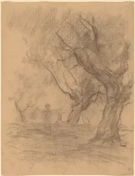 Femme debout sous deux arbres