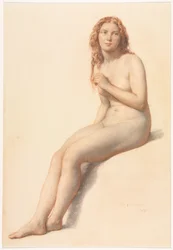 Nu féminin, assis, vue de trois quarts de face
