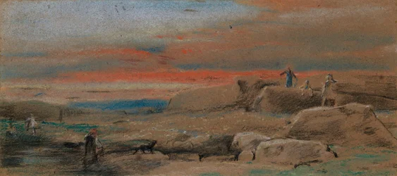 Figures parmi les rochers au coucher du soleil