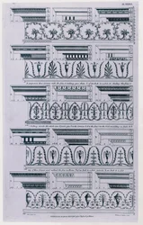 Dessins de corniches, publiés en 1788 par William Pain (vers 1730-vers 1790). Gravure en noir et blanc de 1783