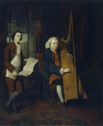 John Parry le harpiste aveugle avec un assistant
