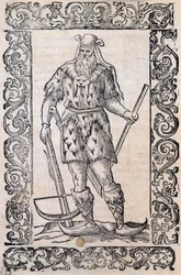 Homme avec robe en fourrure, arbalète et chaussures à bout tordu (exemple de skis rudimentaires), illustration attribuée à Cesare Vecellio (1521-1601), publiée en Italie au XVIe siècle