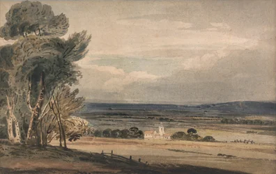 Paysage non identifié : arbres avec église