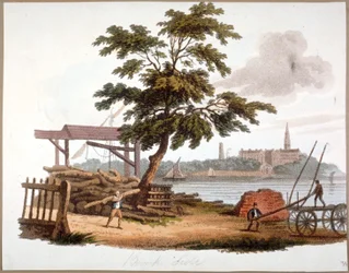 Hommes déplaçant du bois à Bankside, Southwark, Londres, c1810