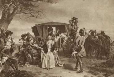 Famille arrêtée par le bandit de grand chemin français Claude Duval