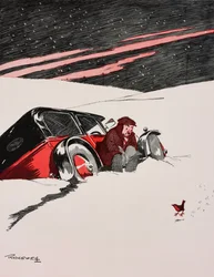 Quand le rouge-gorge rouge arrive en sautillant, automobiliste dans une voiture coincée dans la neige, dessin animé par William Ridgewell (1881-1937) de The Tatler, No 1434, 19 décembre