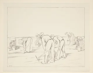 Travailleurs agricoles avec pioches et seaux