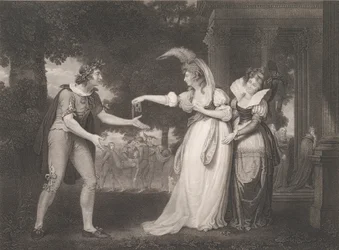 Devant le palais du duc - Rosalind, Celia, Orlando, le duc..., publié pour la première fois en 1800, réédité en 1852