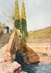Le "Cavetto di S Michele", près de Rapallo (lithographie couleur)