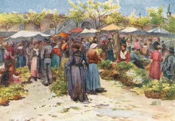 Le marché aux légumes, Nice, en regardant vers le sud (lithographie couleur)