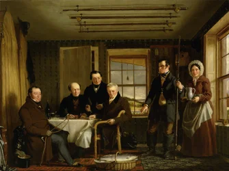 Discussion sur une prise de saumon dans un pavillon de pêche écossais, vers 1840