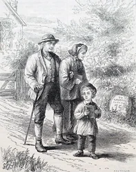 Un couple âgé et leur petit-enfant. Par William Small (1843-1929), un illustrateur anglais. 1880 (gravure)