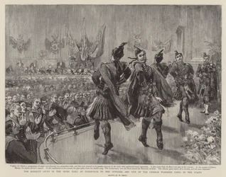 Le banquet dans la salle de musique à Édimbourg pour les officiers et les hommes des navires de guerre allemands ancrés dans le Forth
