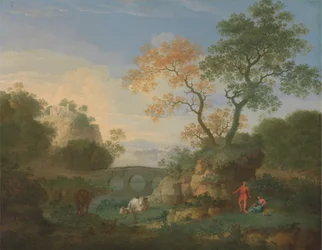 Paysage avec des ruines classiques lointaines, un pont, des personnages et du bétail