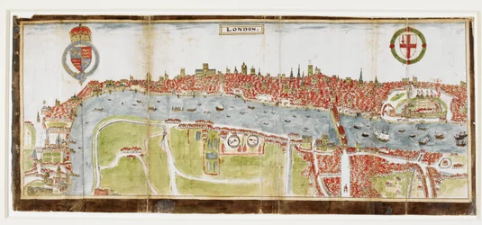 Sloane 2596, f.52 Vue de Londres depuis le sud, montrant la Tamise, le London Bridge et la Tour