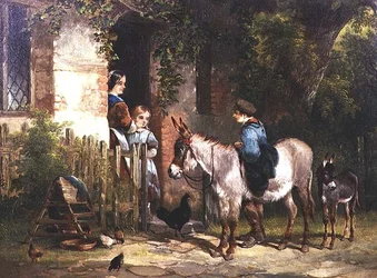 Figures avec des ânes devant un cottage