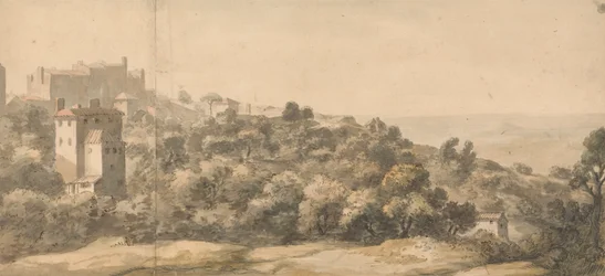 Paysage italien : village sur une colline à gauche, pente vers la droite, avec vallée lointaine au-delà