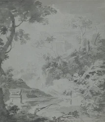 Paysage avec un bâtiment classique lointain et un homme pêchant