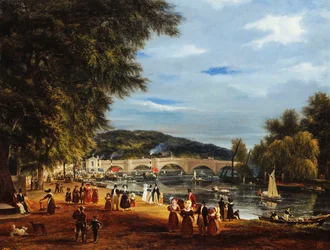 Vue du pont de Richmond avec des bateaux sur la rivière et des personnages se promenant