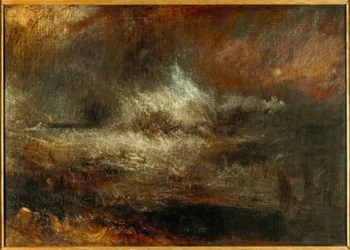 Mer orageuse avec épave en flammes