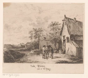 Trois hommes devant une auberge