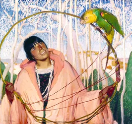 Fille Indienne Avec Perroquet Et Cerceau