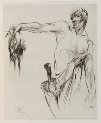 Hérodiade : Page 53, La tête entra et Mannaeus la tenait par les cheveux, à bout de bras, fier des applaudissements