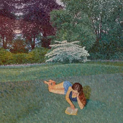 Fille lisant avec un paysage