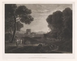 Paysage avec une porte et une tour au bord d