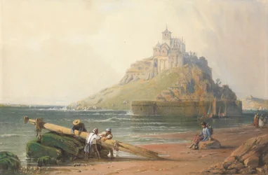 Vue du Mont St. Michel avec des figures sur la plage