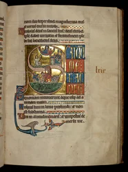 Ms 322 f.67r, Psaume 68, initiale S, Jonas priant le Christ à sa sortie de la baleine et Jonas jeté à la baleine, illustration du 