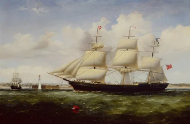 Le navire Shepherdess passant le fort et le phare de Perch Rock en arrivant dans la Mersey