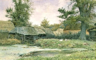 Cour de ferme avec étang à canards et canards