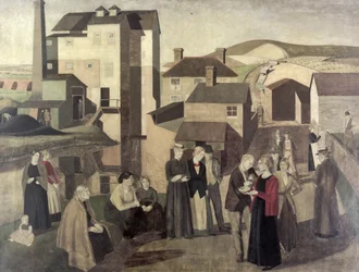 Scène dans une rue de village avec des ouvriers de moulin conversant