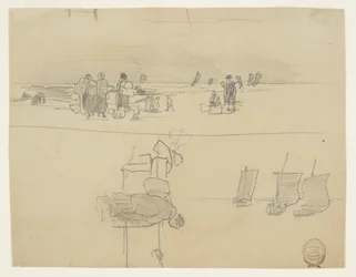 Scène de plage avec des femmes portant des paniers, Cullercoats, Angleterre
