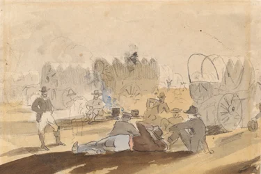 Caravane avec chariots couverts au repos