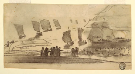 Dessin, scène de plage avec des gens et des bateaux de pêche, Cullercoats, Angleterre, 1881-82