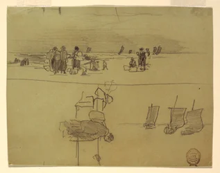 Dessin, scène de plage avec des femmes portant des paniers, Cullercoats, Angleterre, 1881-82