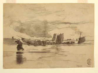 Dessin, plage à marée basse, Cullercoats, Angleterre, 1881